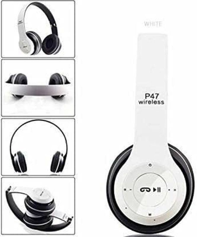P47 Foldable/Sports/Office/ Gaming Wireless Headphone with Mic Bluetooth Headset Bluetooth Headset  (WHITE, On the Ear)