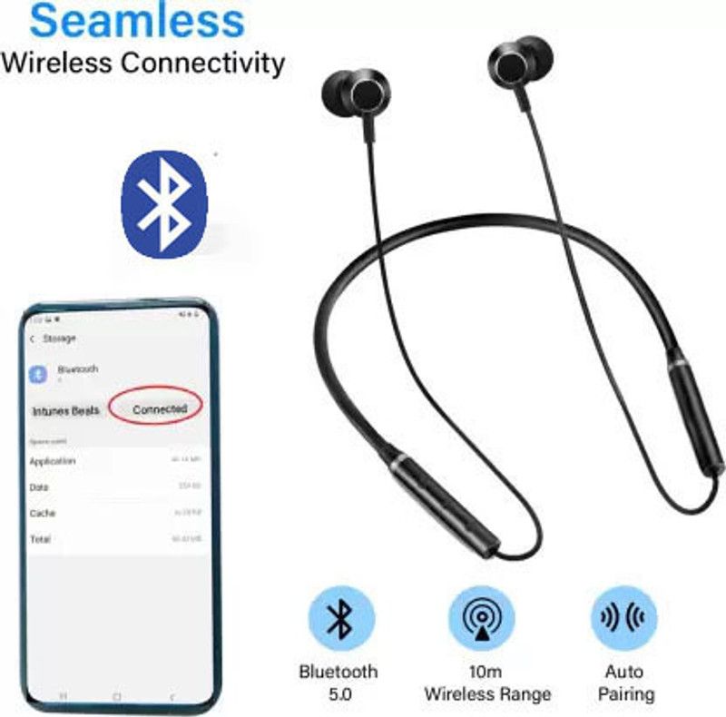 HUTUVI Neckband Bluetooth headphone wireless Bluetooth Headset  (Black, In the Ear)