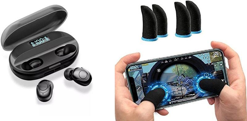 VEKIN Combo pack 2 pair pubg gloves with T2 TWS Wireless Power Bank with led Display Bluetooth Headset  (Black, True Wireless)