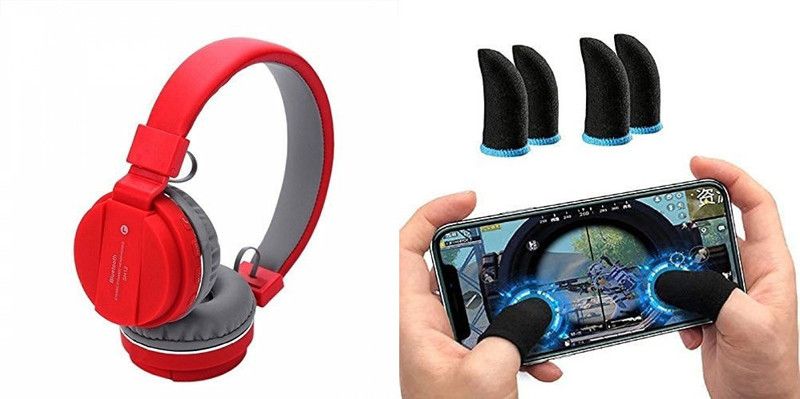 VEKIN SH-12 WIRELESS BLUETOOTH HEADPHONE with 2 PAIR PUBG GAMING GLOVES Bluetooth Headset  (Red, On the Ear)