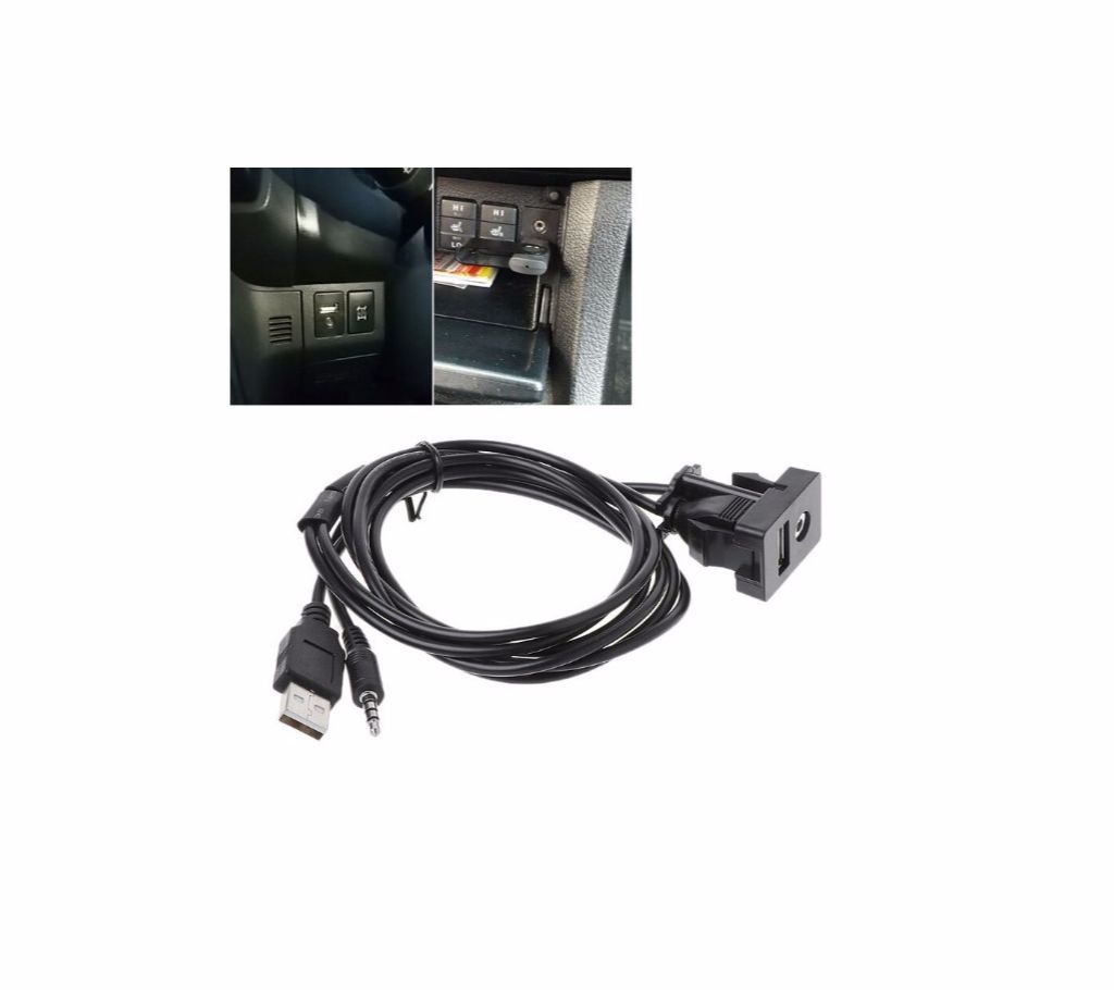 Car Dash Flush Mount USB Port Panel Auto 3.5mm AUX USB Extension Cable Adapter for Toyota