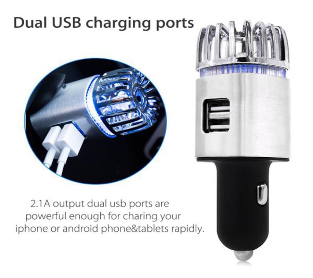 2 in 1 car air purifier and dual usb car charger(silver color)