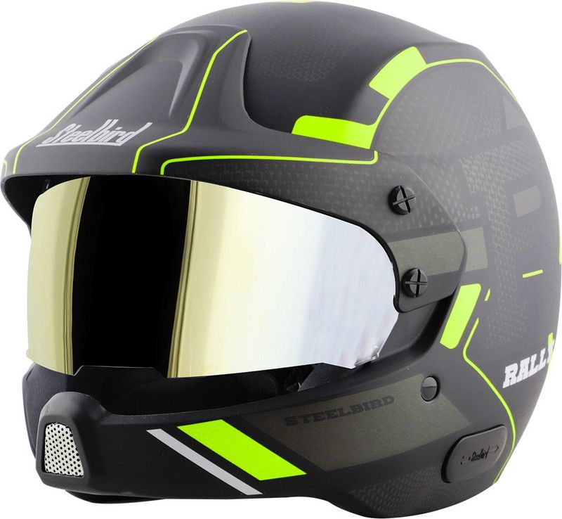 Steelbird 7Wings Rally Beat Open Face Helmet, ISI Certified Off Road Helmet Motorbike Helmet  (Glossy Black Neon with Clear Visor and Extra Gold Visor)