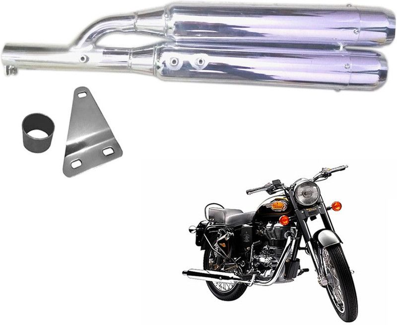 Dhe Best Double Barrel Full Chrome Glasswool / Filter Royal Enfield Twin spark Full Exhaust System  (Mild Steel)
