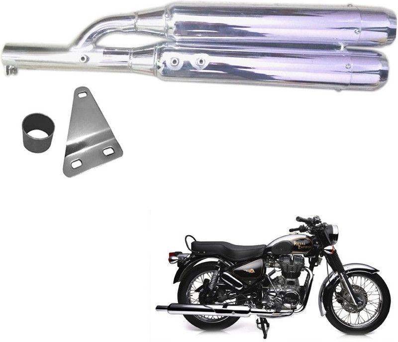 Dhe Best Double Barrel Full Chrome Glasswool / Filter Royal Enfield Electra EFI39 Full Exhaust System  (Mild Steel)