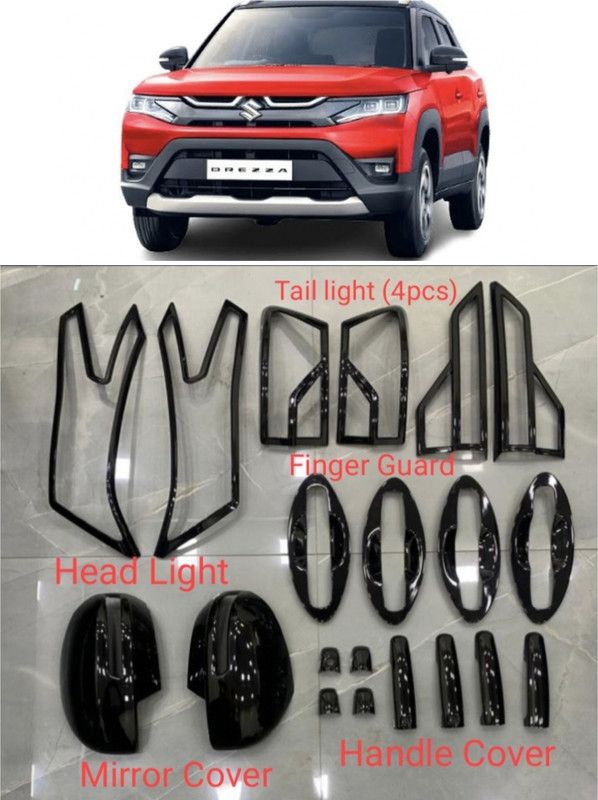 AutoBlinq Piano Black Glossy Combo Kit Exterior Garnish Accessories for New Brezza 2022 Glossy Maruti Vitara Brezza ZDi, Vitara Brezza VXI Petrol, Vitara Brezza LDi Side Garnish