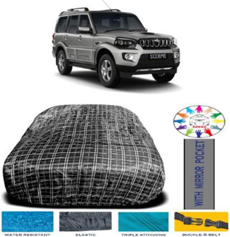 APNEK Car Cover For Mahindra Scorpio (With Mirror Pockets)  (White, Black)
