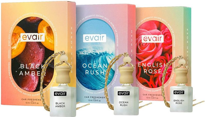EVAIR Black Amber, Ocean Rush, English Rush Car Freshener  (3 x 10 ml)