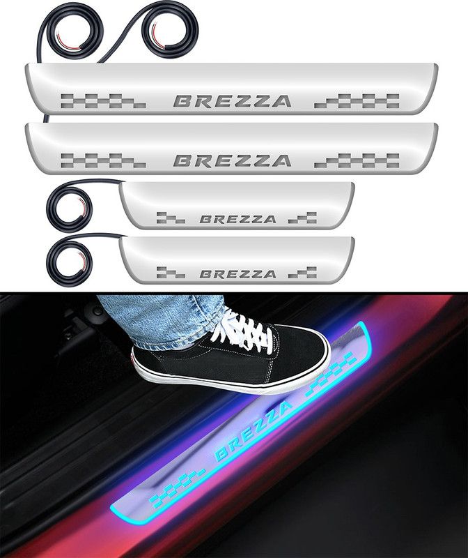 CARZEX Waterproof & Heavy Material Car Door Foot Step Led Sill Plate for Maruti Suzuki Brezza (Set of 4 PCS, Blue) Door Sill Plate