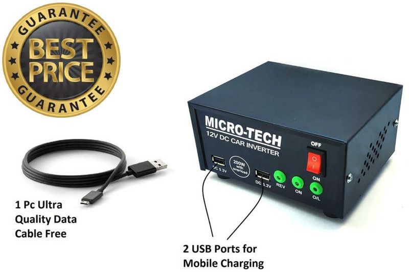 Microtech 200 Watt USB Dc to Ac Converter 12v to 220v 12v dc to 220v ac Converter Dc to Ac Mini Car Inverter with Two USB Lights and Mobile Charging Cable Free Car Inverter