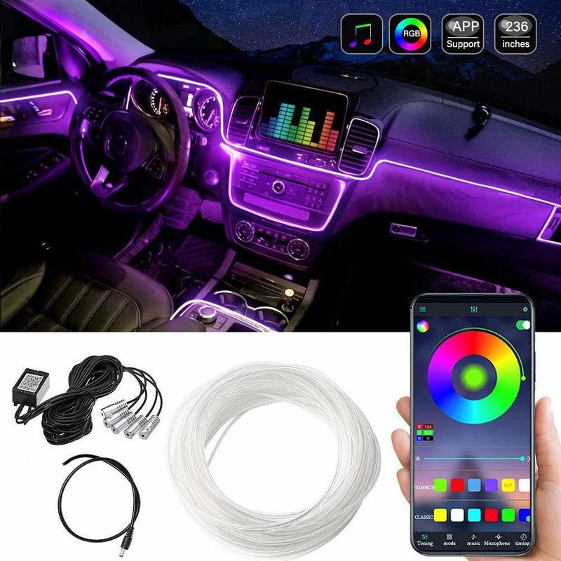 Automaze Car LED Interior Strip Light, 16 Million Colors 5 in 1 with 6 Meters Fiber Optic, Multicolor RGB Sound Active Automobile Atmosphere Ambient Lighting Kit - Wireless Bluetooth APP Control Car Beading Roll For Door  (6 m)