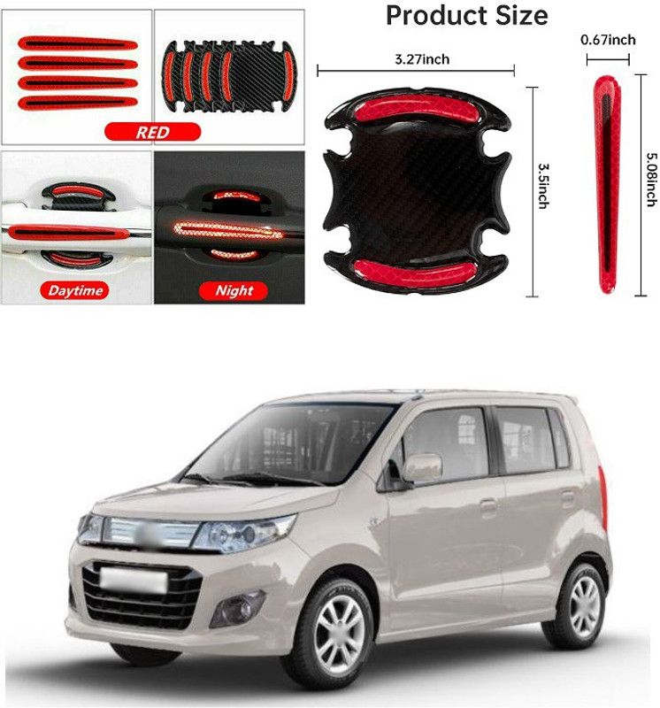 PRTEK 8pcs Universal 3D Carbon Fiber Texture car Door Handle Door Bowl Paint Scratch Protector Protective Cover Protective Film car Outdoor Safety Decoration Reflective Strip（Red C176 Matte, Glossy, Chrome Maruti WagonR Side Garnish