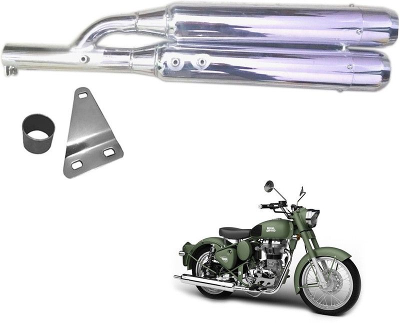 Dhe Best Double Barrel Full Chrome Glasswool / Filter Royal Enfield Battle Green Full Exhaust System  (Mild Steel)