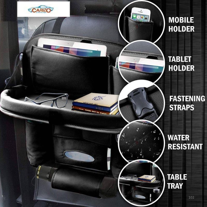 CARIZO Heavy Leather Car Back Seat Organizer with Foldable Dining Table Tray Waterproof Storage Pockets (Black) Compatible with Tata Tiago (Type-II) 2020-2021 Car Storage Bag & Bin  (10 L)