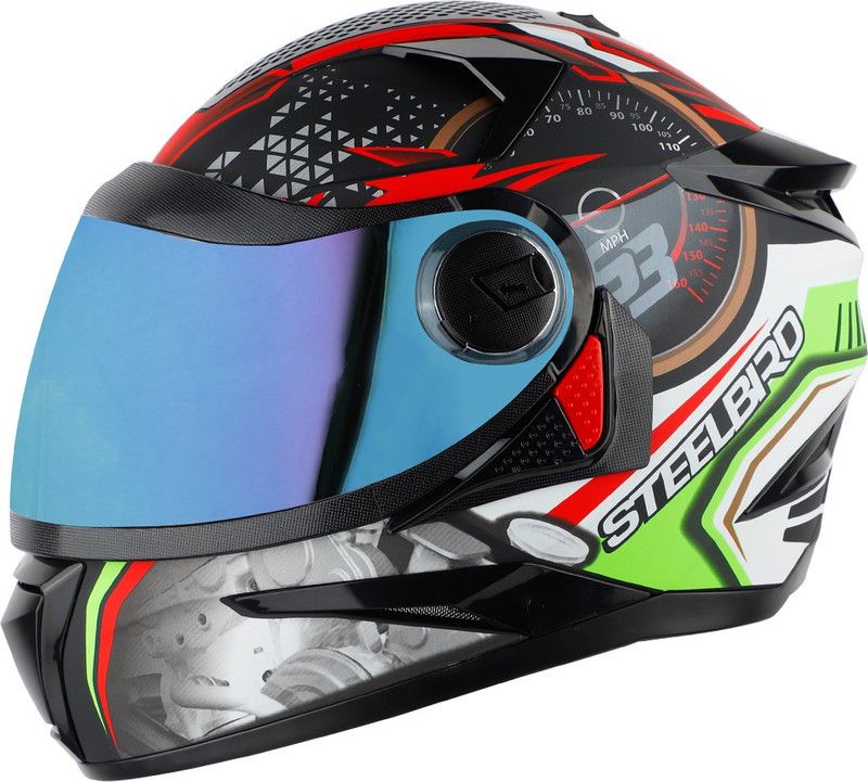 Steelbird SBH-17 Ignimeter Full Face ISI Certified Graphic Helmet Motorbike Helmet  (Matt Black Green with Chrome Rainbow Visor)