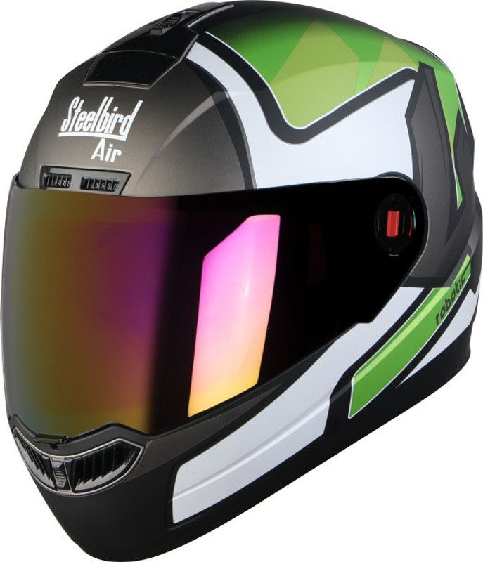 Steelbird SBA-1 Robotics Matt Black Green With Crome Rianbow visor Motorbike Helmet  (Matt Black ,Green)