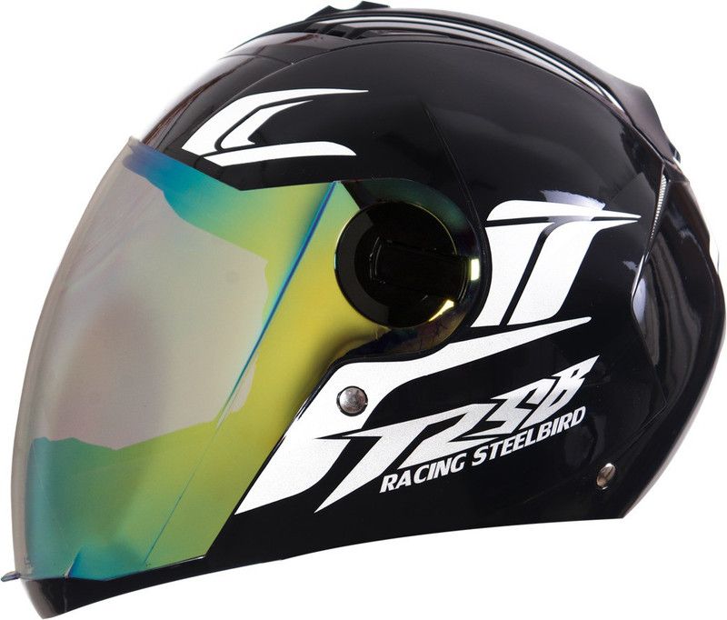 Steelbird SBA-2 Moon Glossy Black in Night Vision Gold Visor Motorbike Helmet  (Multicolor12)