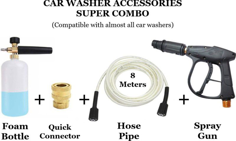 Kuber High Pressure Washer Foam Bottle, Spray Gun, Quick Connector and 8 meters flexible hose pipe 8 meters combo for all types of car washer Spray Gun