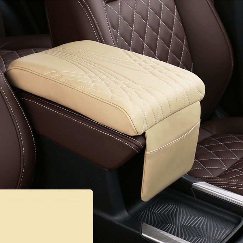Automaze Center Console Arm-rest Cover Pad With Mobile Pocket Universal Fit for SUV/Truck/Car, Car Armrest Seat Box Cover, Leather Auto Armrest Cover (Beige) Car Armrest Pad Cushion
