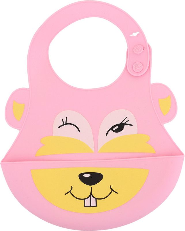 MW PRINTS Attractive Silicon Bib With Rice Pocket For 0-2yr Baby  (Pink)