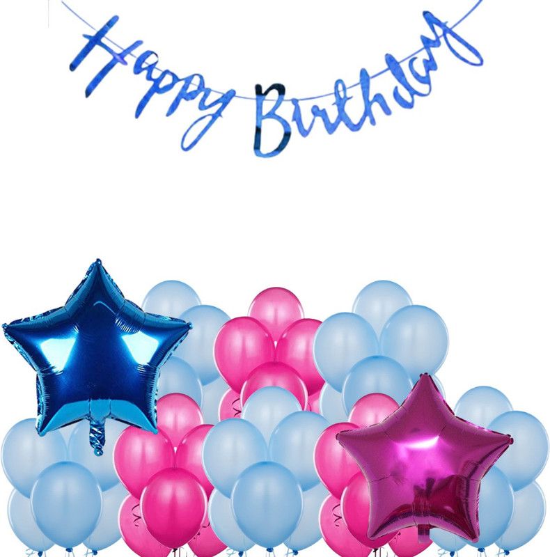 B4 Birthday Combo Blue Bunting + 30 Light Blue+Met Pink Balloon +2 Blue,Pink Star  (Set of 33)