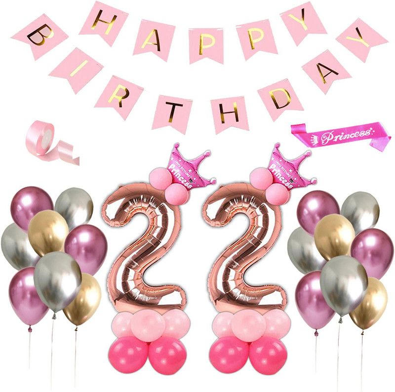 Shopperskart presents Twenty second/22th Happy Birthday Foil Balloons/Banner Combo/Kit Pack For room/Wall Party Decorations For Girls (Pack Of 61) Pink  (Set of 61)