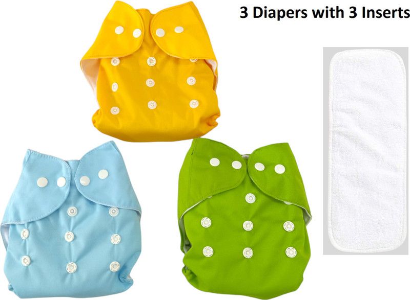 Hokista 100% Cloth Reusable, Washable Baby Diaper with White Inserts (Y+G+SB)(Pack of 3)