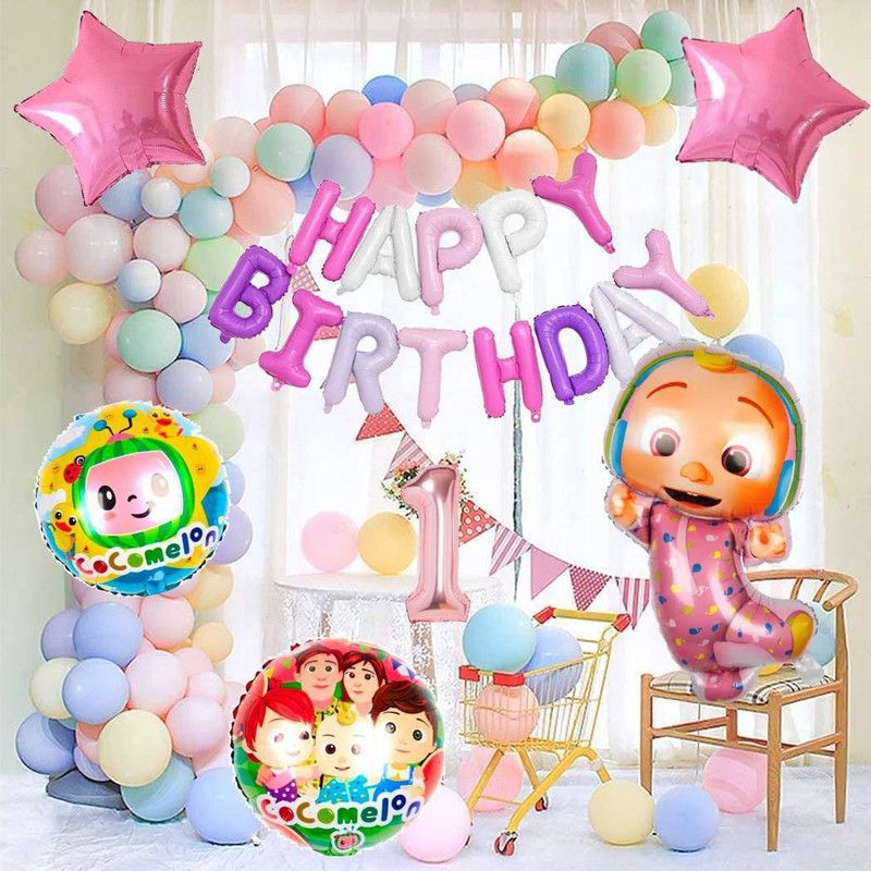 Attache Cocomelon Theme Foil Balloon for Birthday Decoration items (1 Happy Birthday)  (Set of 49)