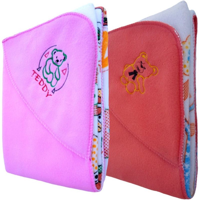 BRANDONN Embroidered Crib Hooded Baby Blanket for AC Room  (Polyester, Pink, Orange)