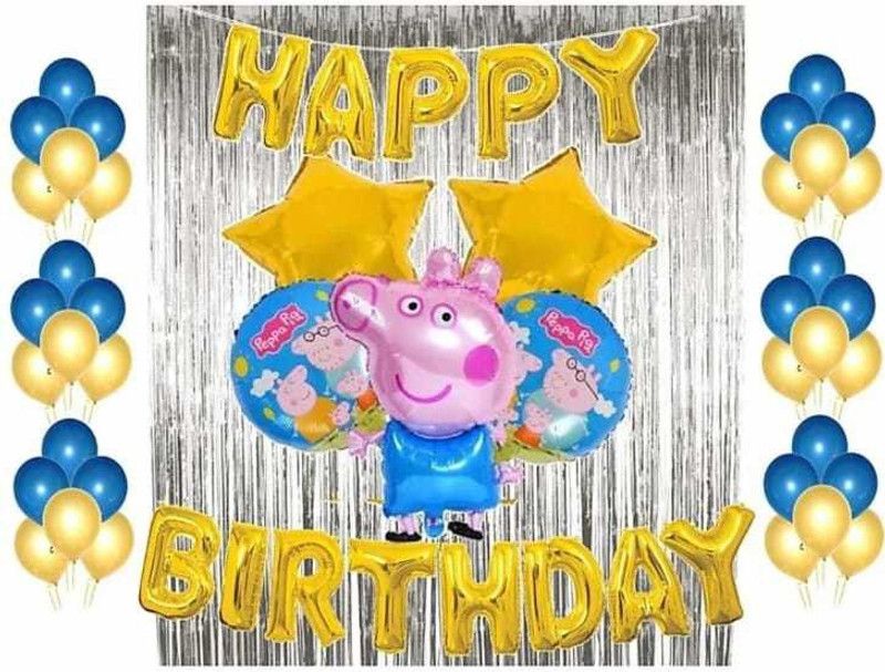 Nayugic Pepa Happy Birthday Theme Balloon 50 Blue Yellow Balloons 2 Curtains Set of 70pcs for Birthday Party Baby Shower Anniversary Wedding Decoration for His/Her  (Set of 70)