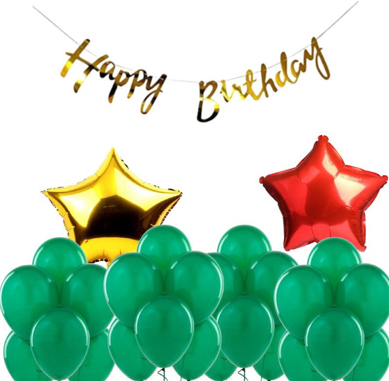 B4 Birthday Combo Gold Bunting + 30 Green Balloon +2 Gold,Red Star  (Set of 33)
