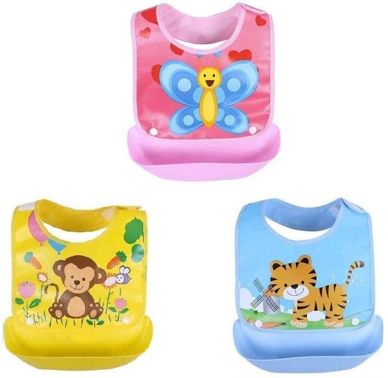 Koochie Koo Waterproof Quick Dry Printed Feeding Bib With Crumb Catcher Plastic Apron For Baby Boy And Girl From 6 Months To 2 Years  (Multicolor)