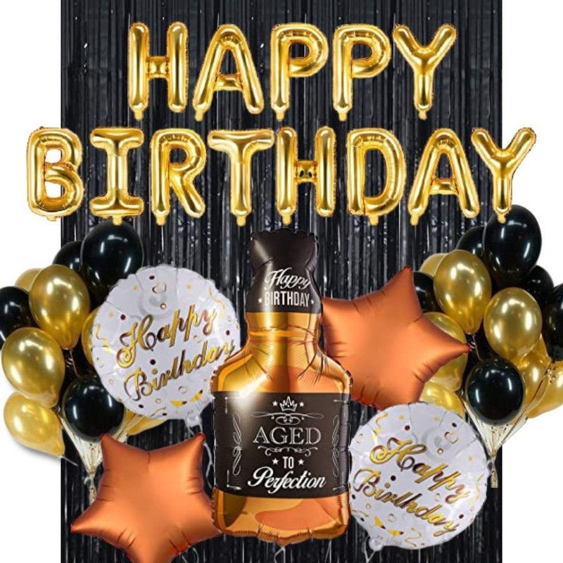 Wonder Aged to Perfection Whiskey 5Pc Foil Balloon Gold Happy Birthday 16in Foil Balloon 50 Gold,Black Balloon 2 Black Curtain  (Set of 70)