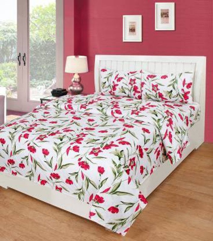 DEKORIFY 144 TC Microfiber Double Floral Flat Bedsheet  (Pack of 1, Pink, White)