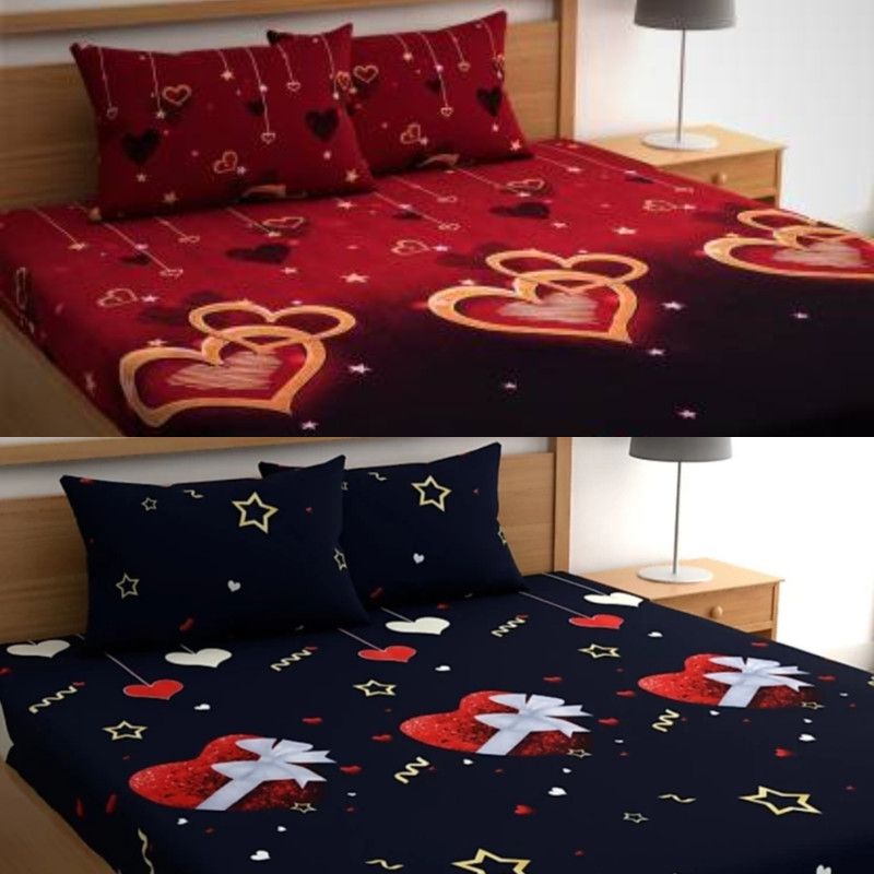 Amarwani 188 TC Microfiber Double 3D Printed Flat Bedsheet  (Pack of 2, Maroon, Blue)