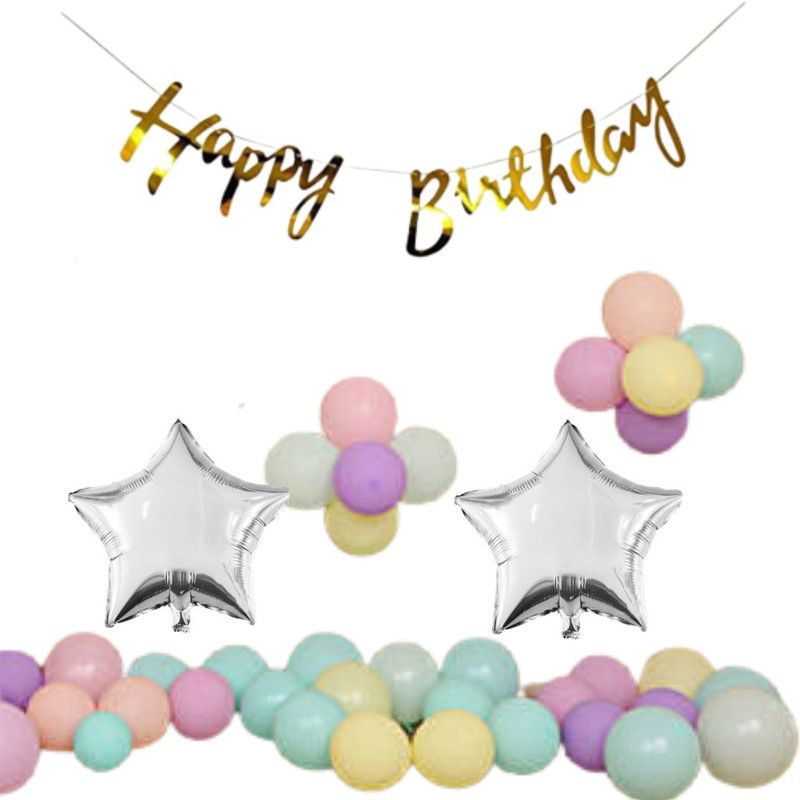 B4 Birthday Combo Gold Bunting + 30 Pastel Multi Balloon +2 Silver Star  (Set of 33)