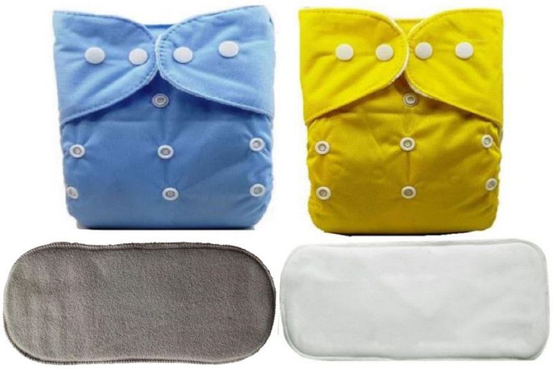 TINNY TOTS 2 Baby Reusable Cloth Diapers Button & 2 Bamboo Microfiber Inserts Quick Dry(BY) - L  (4 Pieces)