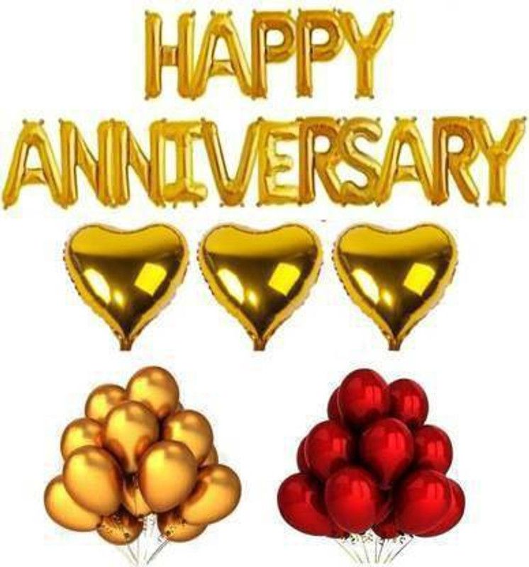 FLIPZONE Solid Happy Anniversary Letter Toy Foil Balloon Set(Happy anniversary Foil toy balloons(set of 16) with 3 Heart Foil Star balloons Plus 30 Metallic balloons)  (Set of 49)