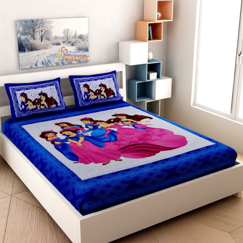 FrionKandy Living 120 TC Cotton Double 3D Printed Flat Bedsheet  (Pack of 1, Blue)