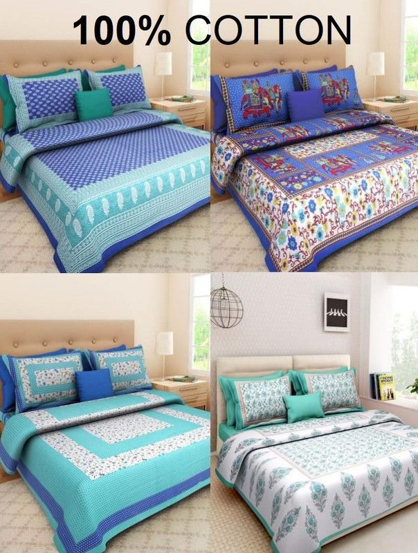 Papa ki Dukaan 144 TC Cotton Double Printed Flat Bedsheet  (Pack of 4, Multicolor)