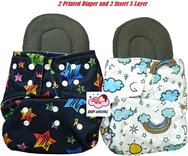 Baby Hashtag Fancy Blue and White Printed Cloth Diaper with 5 layer Insert - S - M  (4 Pieces)