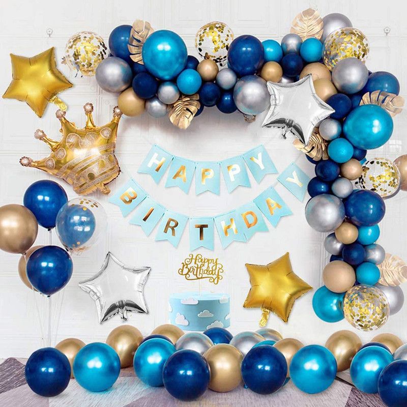 SOI 56 Pcs Happy Birthday Banner and HD Metallic Confetti Balloons with Foil Star and Crown Foil Balloon Decoration Kit Set Decorations Items Combo for Boys (Blue)  (Set of 56)