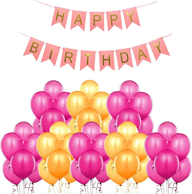 B4 Birthday Party Decoration Kit Peach Happy Birthday Banner, 30 Metallic Pink, Gold Decoration Balloons  (Set of 31)