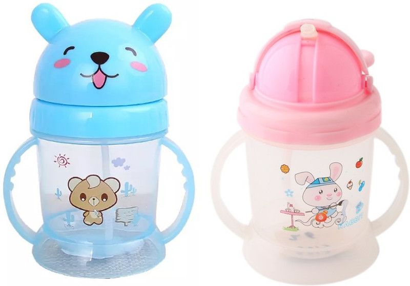 Kidsify Baby Bear Opaque Soft Straw Feeding Sipper with Twin Handle Anti Spill Sippy Cup for Baby & Kids Water Bottle/Juice Sipper BPA Free 300ML (Pack of 2)  (Blue,Pink)