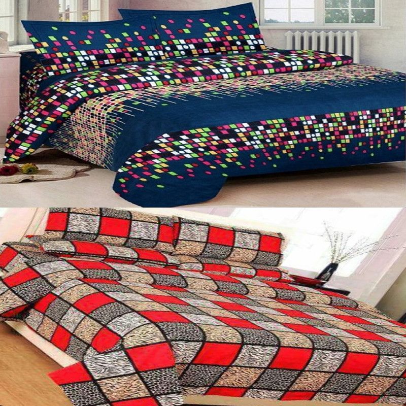 DEKORIFY 140 TC Microfiber Double Floral Flat Bedsheet  (Pack of 2, Bajri Green dot)
