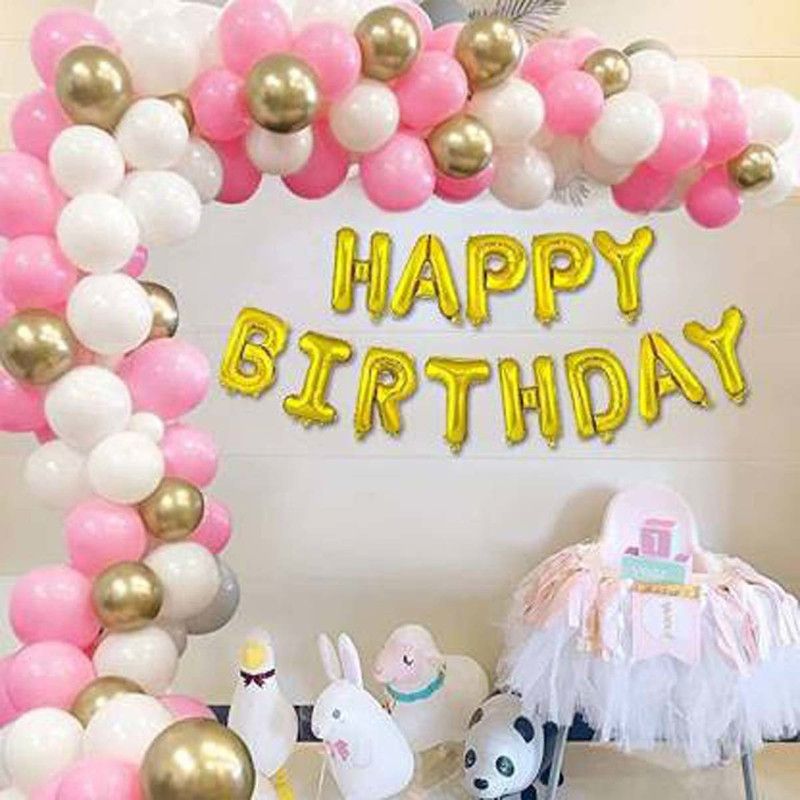 Party Hub Solid 1 Happy birthday letter foil balloon Pink 20 White 20 gold 10 Metallic balloon for birthday party decoration Balloon (Pink, Gold, Pack of 63)  (Set of 63)