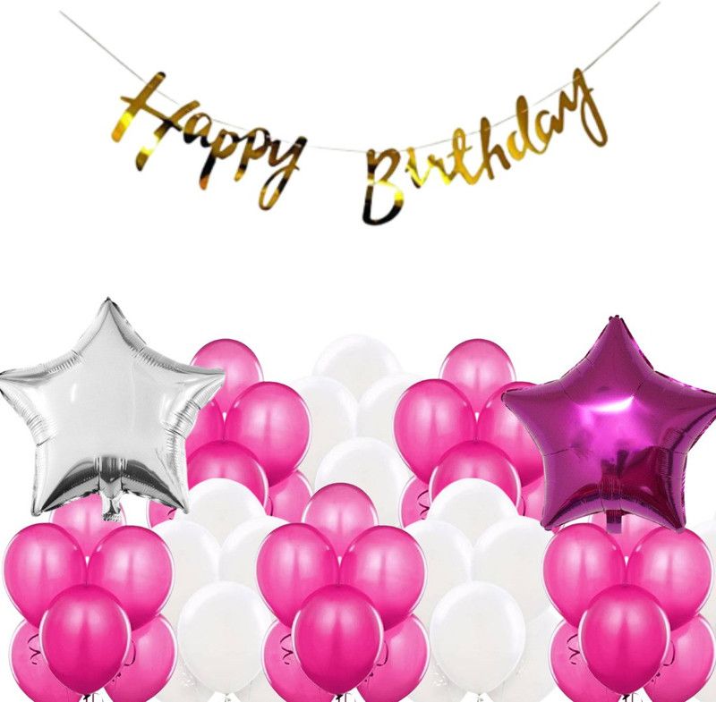 B4 Birthday Combo Gold Bunting + 30 White+Met Pink Balloon +2 Pink,Silver Star