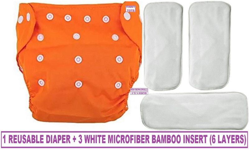 TINNY TOTS Adjustable Quick Dry Washable Reusable Cloth Diaper Nappy With 3 White Multi-Layer Microfiber Bamboo Changing Insert Pads For Toddlers/Babies/New Borns(0-12 Months,ORANGE) - New Born  (4 Pieces)