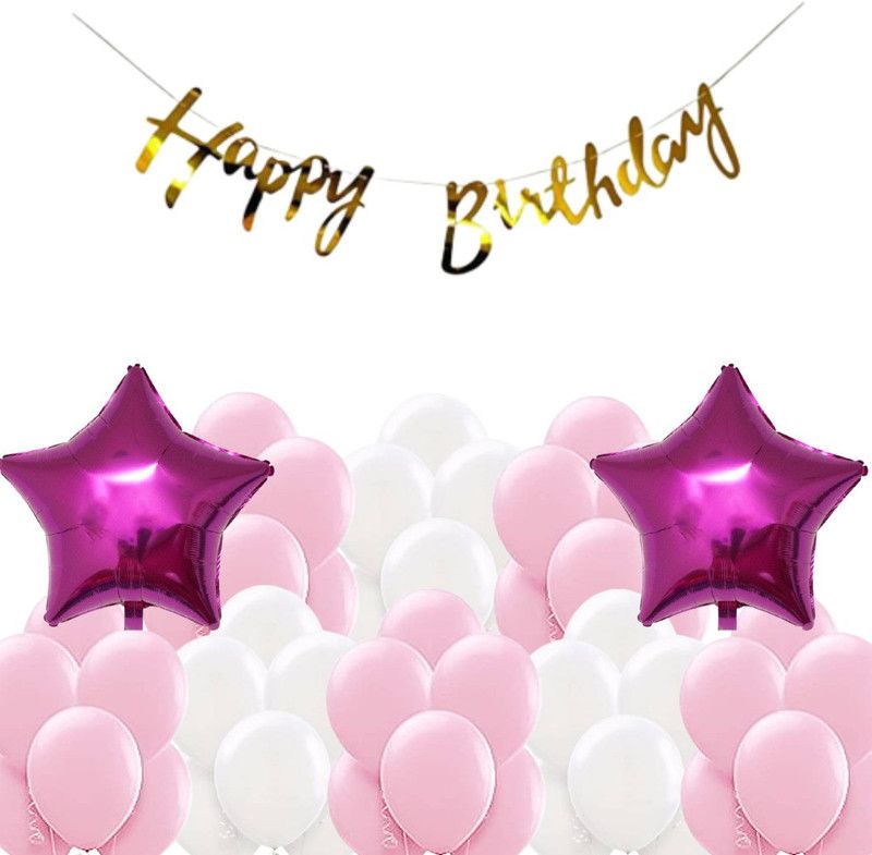 B4 Birthday Combo Gold Bunting + 30 White+Baby Pink Balloon +2 Pink Star  (Set of 33)