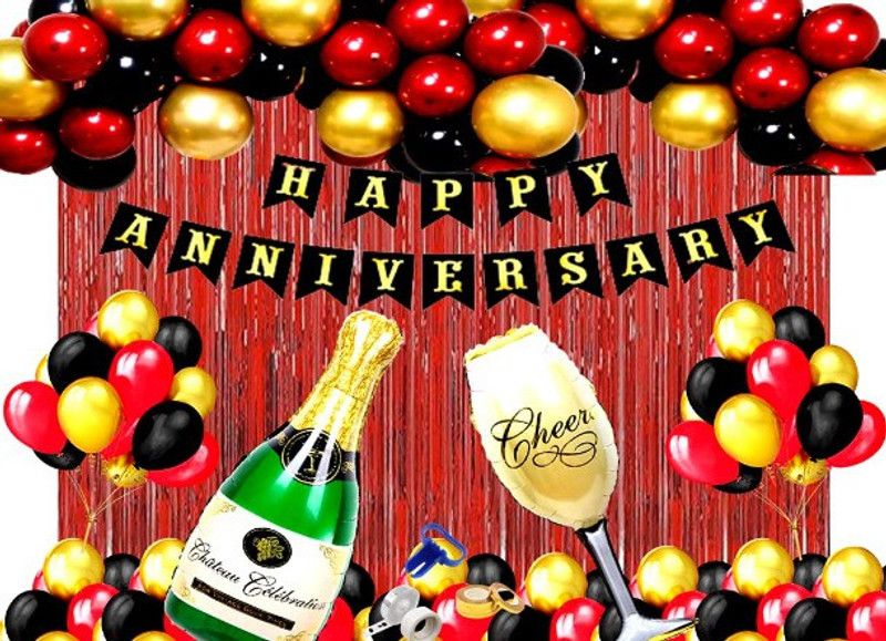 Bloomsevent Premium Quality Happy Anniversary Royal Red Black Golden Theme Decoration Combo  (Set of 84)